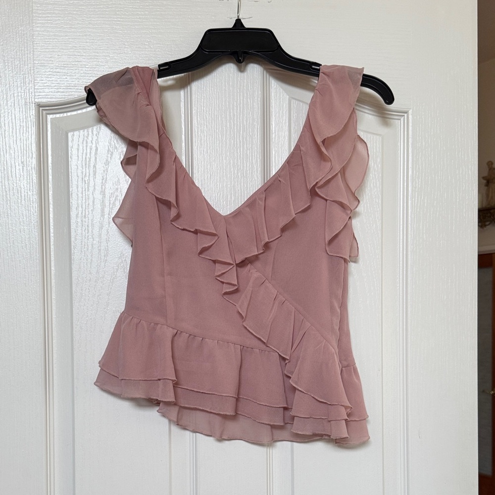 Wayf Dusty Pink Ruffle V-Neck Blouse